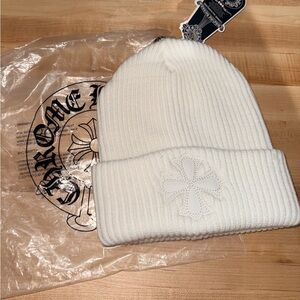 Chrome Hearts Ribbed White Beanie with Cross Detail